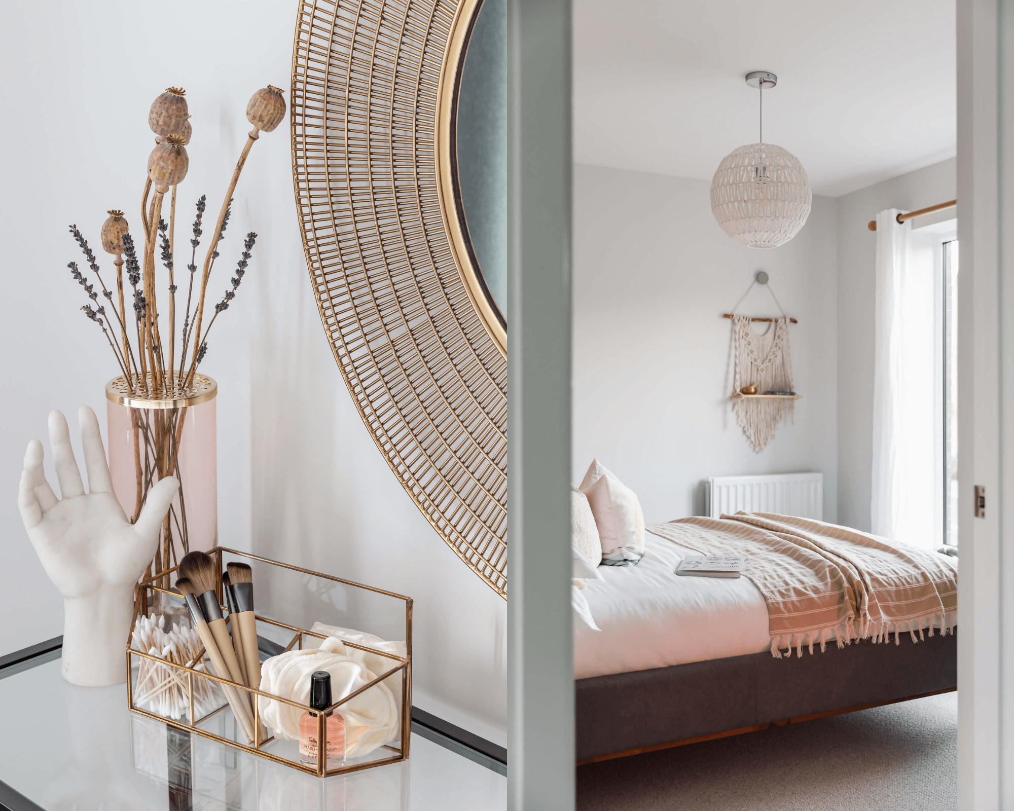 Neutral double bed, dried flowers and makeup brushes on glass bedroom table