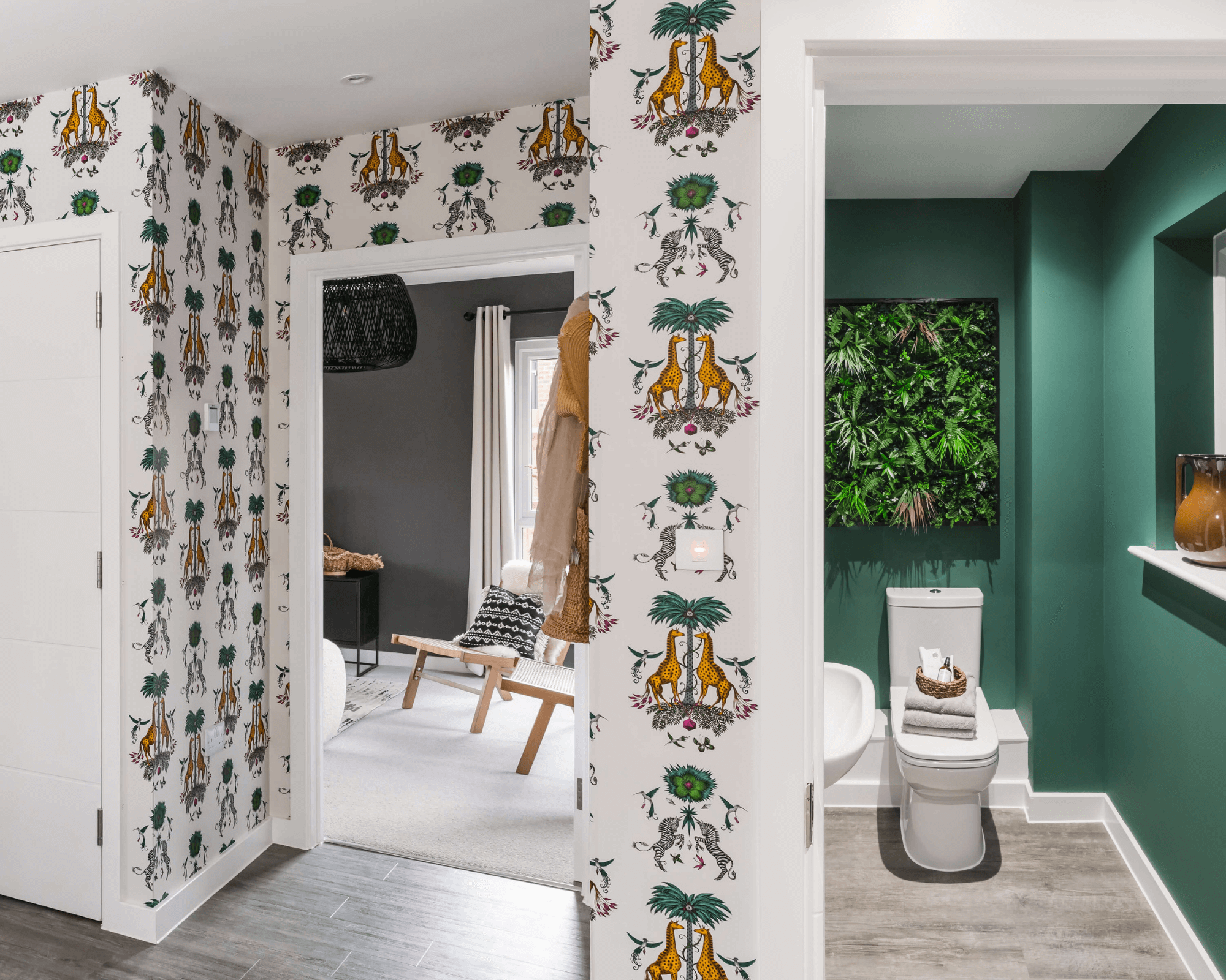 Emma Shipley giraffe wallpaper in downstairs toilet and hallway