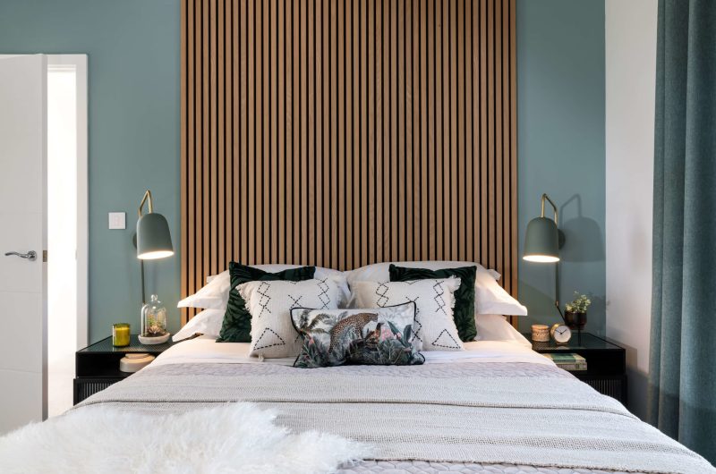 Sustainable acoustic panelling behind double bed