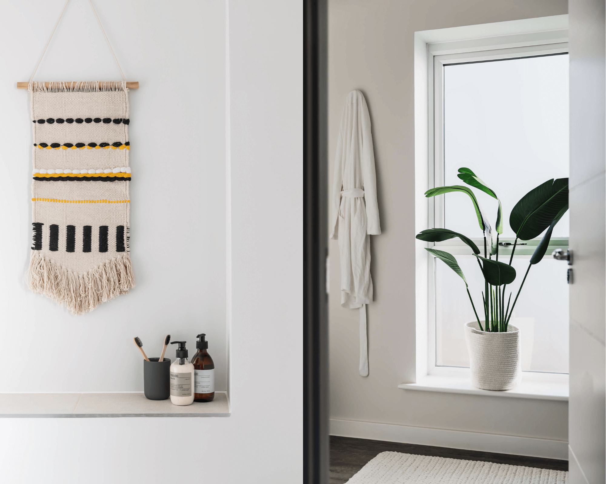 Neutral, light bathroom with plants and macrame wall hanging.