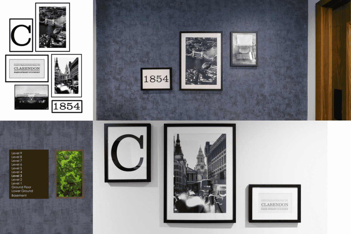 Artwork designed and selected by JIGSAW, inspired by the location's heritage: clarendon font and discovery date, black and white city landscapes, typewriters. Also incorporating property brand logo.