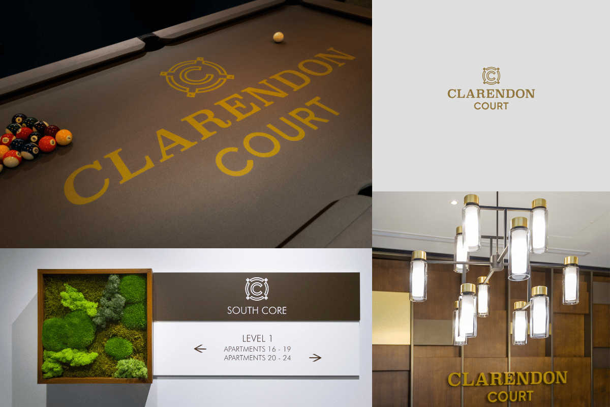 Clarendon Court logo on pool table, signage and backwall of reception desk