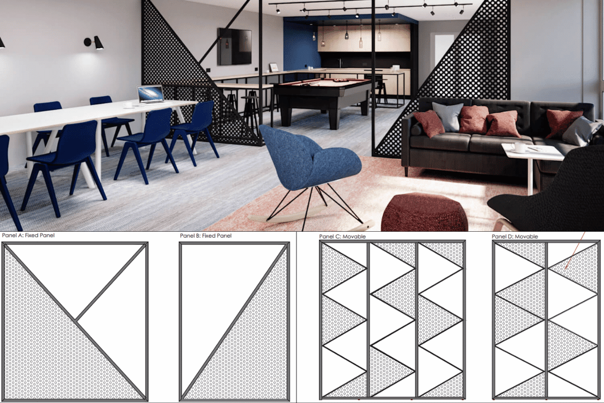 Sketches and techinical drawings of social study area, including acoustic mesh panelling for zoning for student living