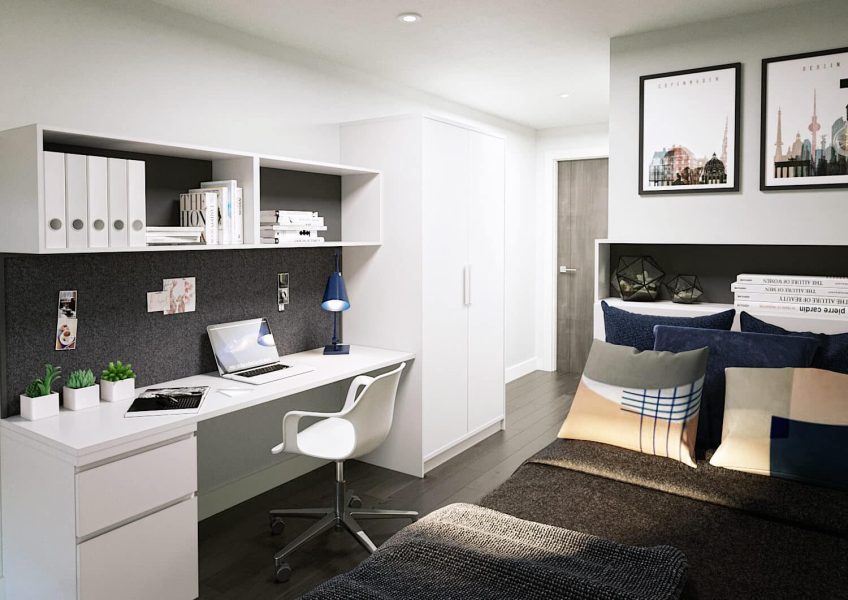 Student studio flat with desk, double bed and en-suite bathroom