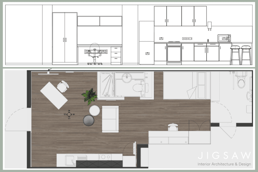 Student studio flat technical drawing of layout