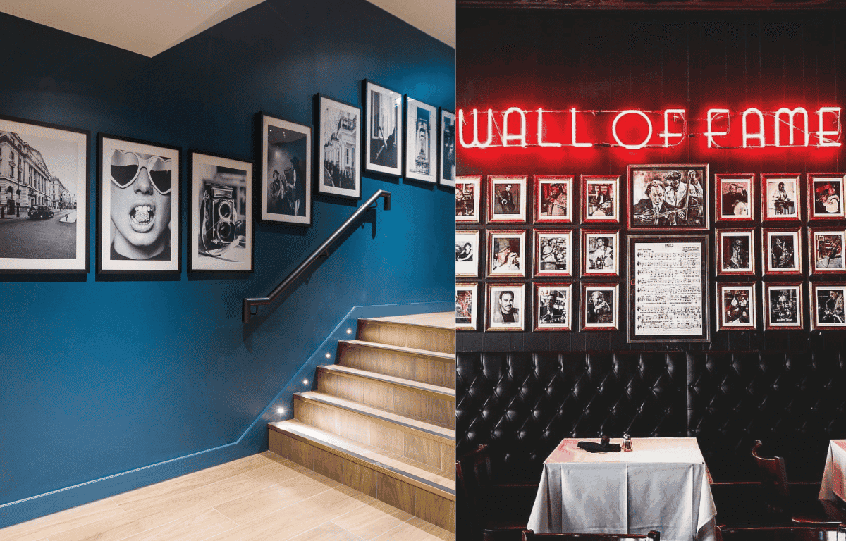 Back to back image of The Denizen's corridor to the Games Room, with artwork selected and positioned to replicate commonly seen walls of fame in vintage jazz bars, shown in the right image