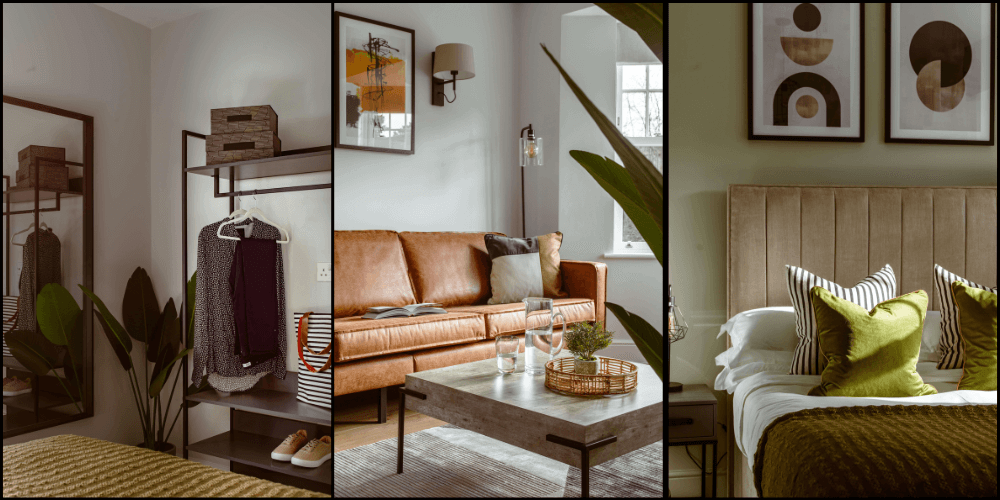 Collage of 3 images representing The Barber. Left: exposed wardrobe with mirror and plant. Middle: leather brown sofa with coffee table. Right: Green bedding with throw and pale green walls with artwork