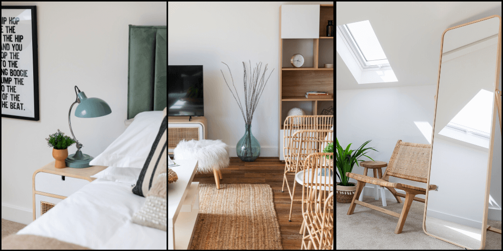 The Crafter furniture pack. Left: single bedside lamp matching blue/green headboard. Middle: loose furniture, decor and storage of various natural materials and rattan. Right: Bedroom corner of wooden chair, plant, and full-length mirror