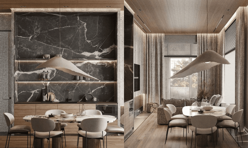 Neutral dining area with 6 white chairs around a white table with an overhanging statement white pendant. Behind is an open marble shelving embedded in the walls. Image contains the same image from two different angles.