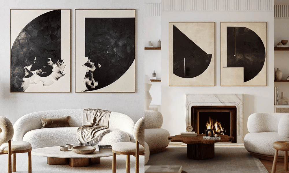 Two pieces of Black and white minimalist artwork propped amongst brutalism interior design