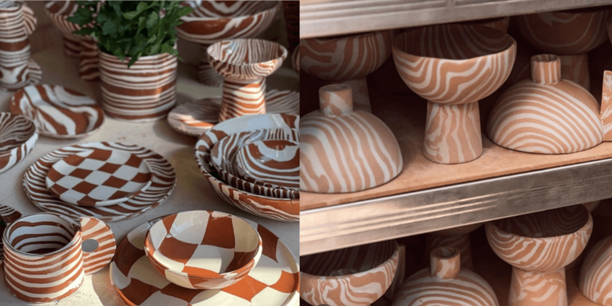 Homemade ceramics by Henry Holland Studio, combining monochromatic checkered patterns with stripes