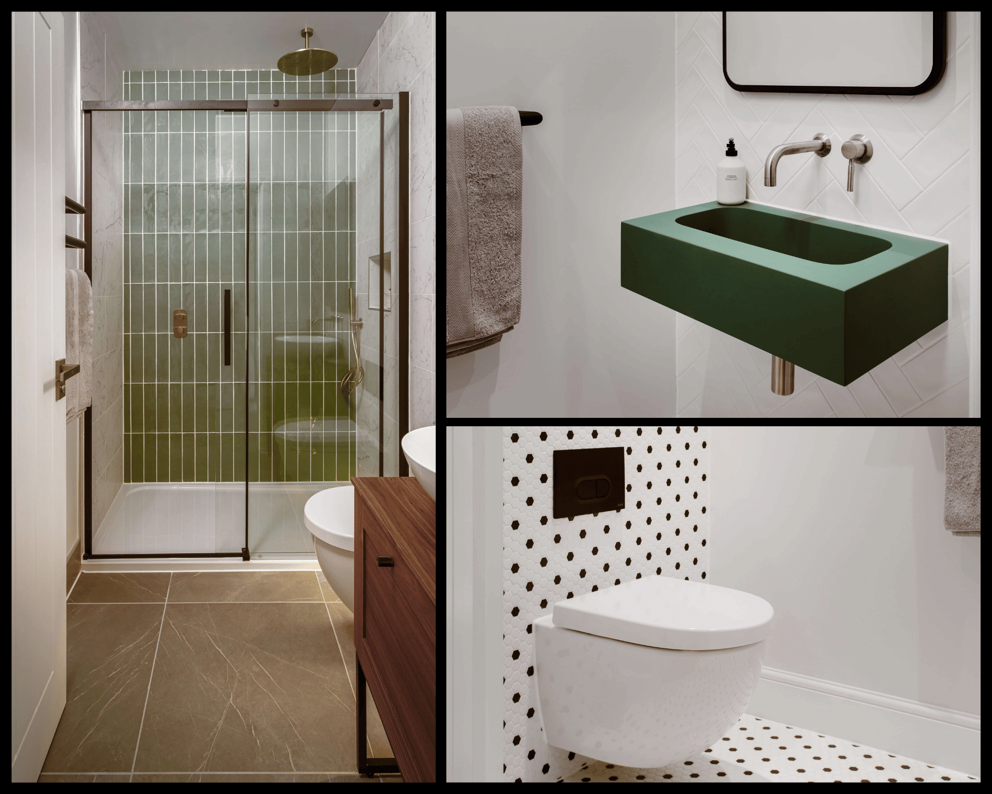 Collage of sanitary ware in residential home designed by Jigsaw, specified by Big Bath Company
